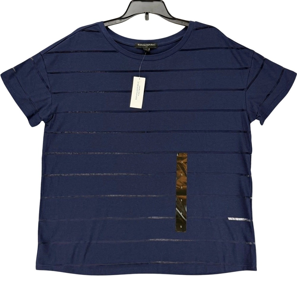 NEW Banana Republic Women's Size Small Navy Blue T-Shirt Striped Cotton Blend